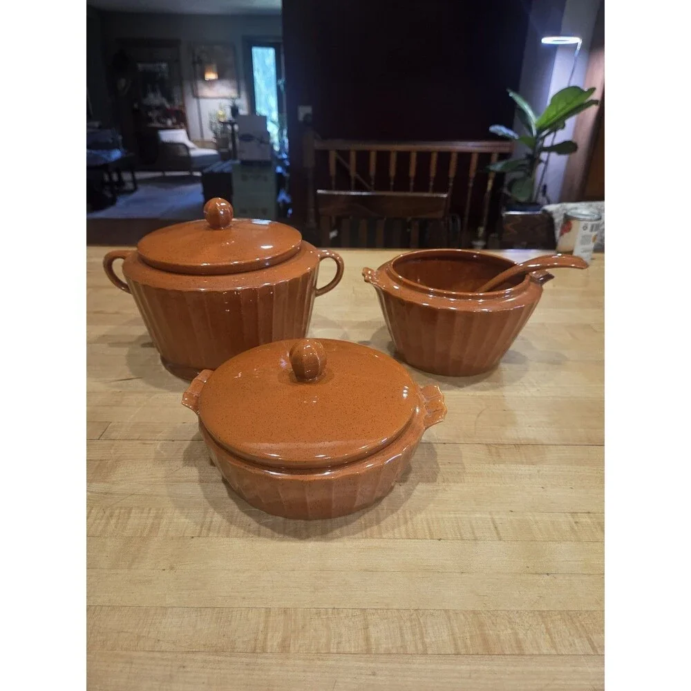 Vintage NS Gustin Los Angeles Pottery Speckled Brown Casserole Tureen Set 3Pc